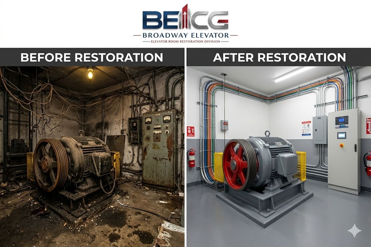 Elevator machine room before and after restoration — a grimy room with a rusted machine and open wiring transformed into a clean room with epoxy floor, painted walls, organized conduit, new lighting and a modern controller.