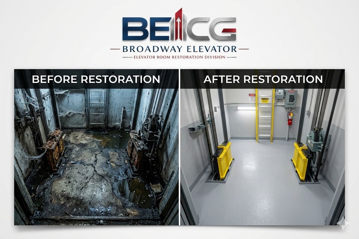 Elevator pit before and after restoration — a cracked, oil- and water-fouled pit transformed into a sealed, coated pit with buffer guarding, pit ladder, lighting and code signage.